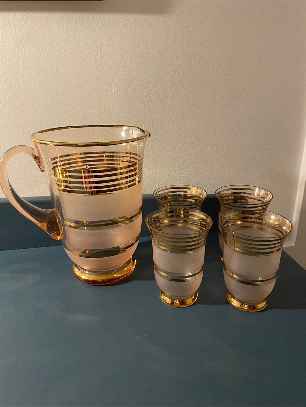Frosted Glass and Gold Plated Ringed Jug & Tumblers Set C 1950